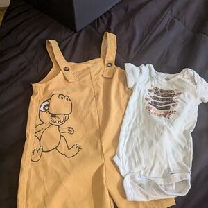 Yellow Dinosaur Overalls and White Onesie Set